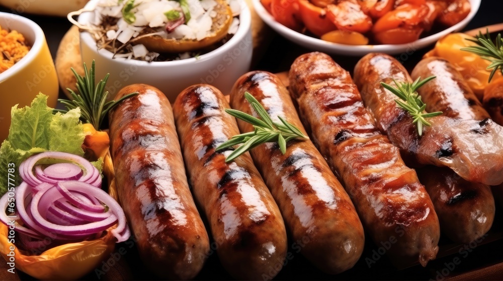 Oktoberfest food, German grilled sausages, Set with various meat Bavarian.