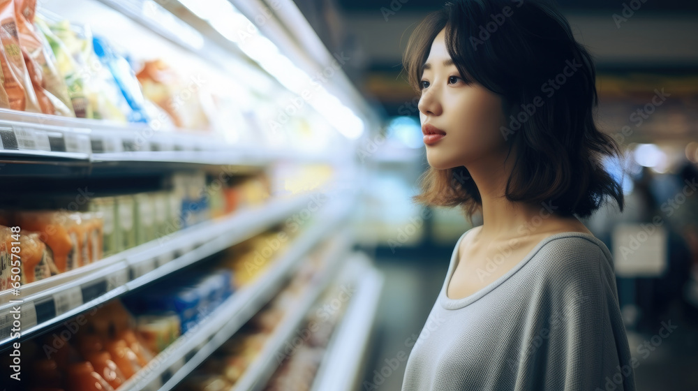 Beautiful young Asian woman shopping in supermarket and buying groceries and food products in shopping mall.