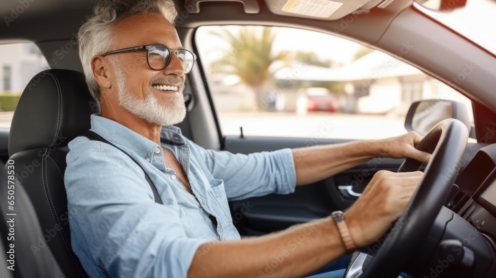 Happy senior man enjoying his new auto car.