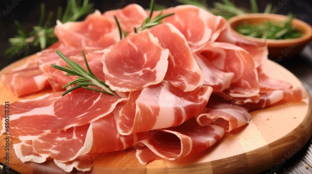 Slices of tasty cured ham and rosemary on table.