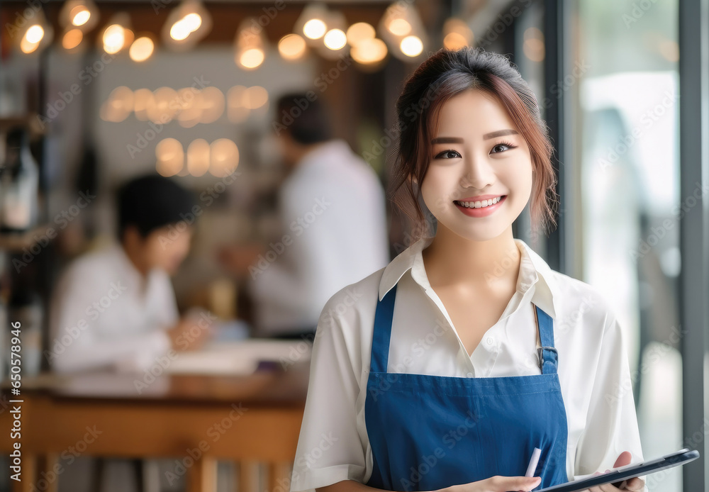 Asian small business owner stand with tablet on front of coffee shop restaurant, SME entrepreneur seller business SME concept.