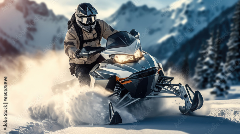 Snowmobile rider performing spectacular jump on mountain with snowy landscape.