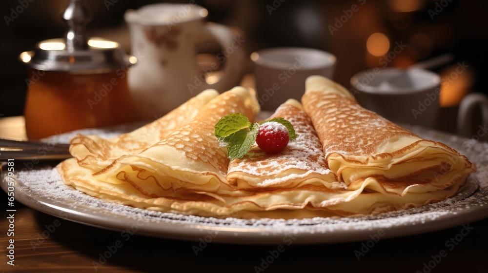 Homemade crepes with berries with ingredients in the background.