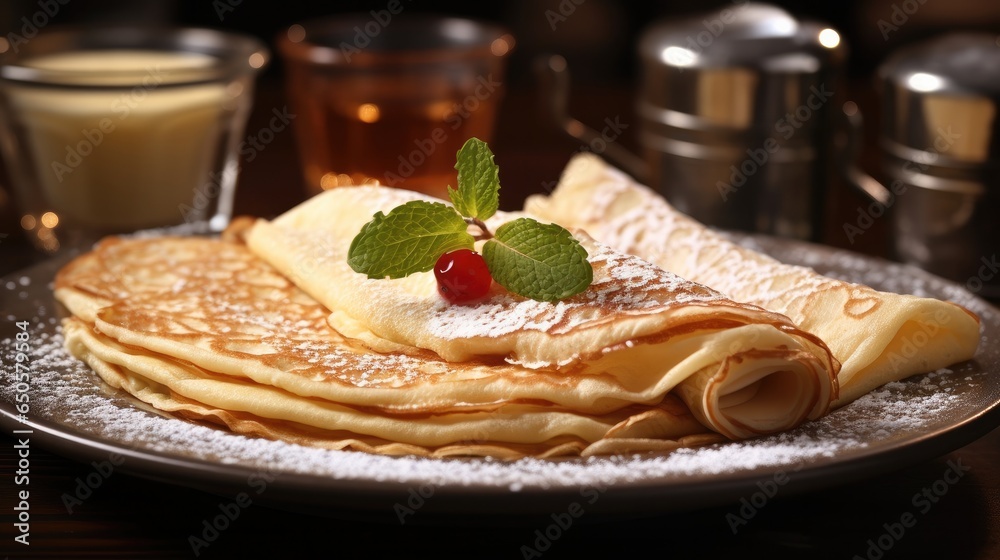 Homemade crepes with berries with ingredients in the background.