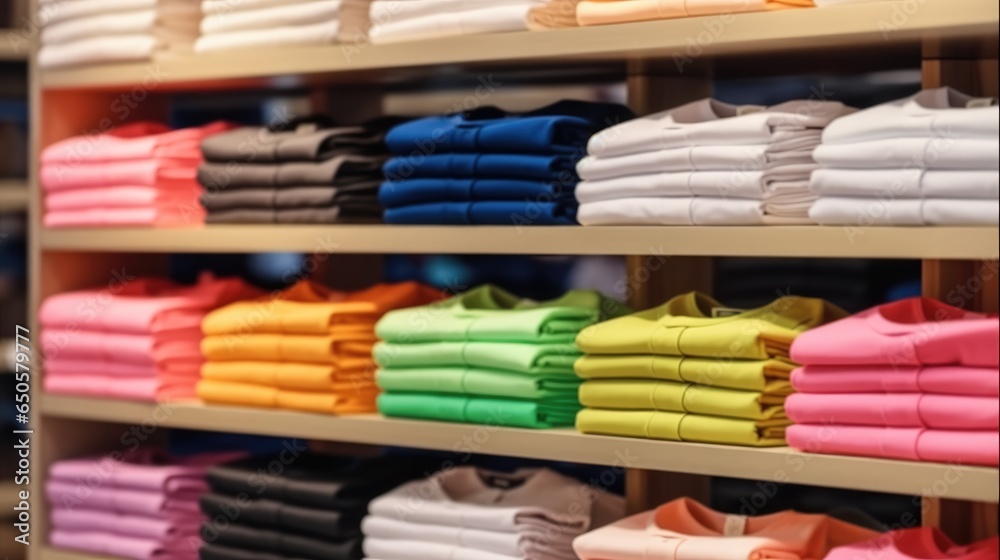 Fashion clothes, Various color shirts at shelf in shop, clothes in shopping mall.