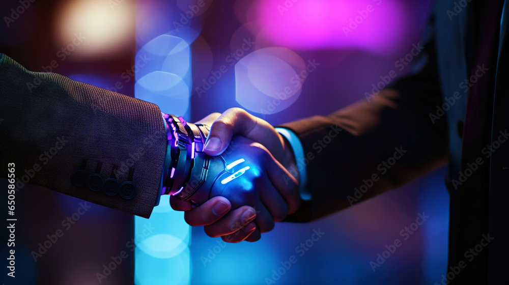 Business handshake of human and robot. Collaboration of artificial intelligence and man. Generative AI