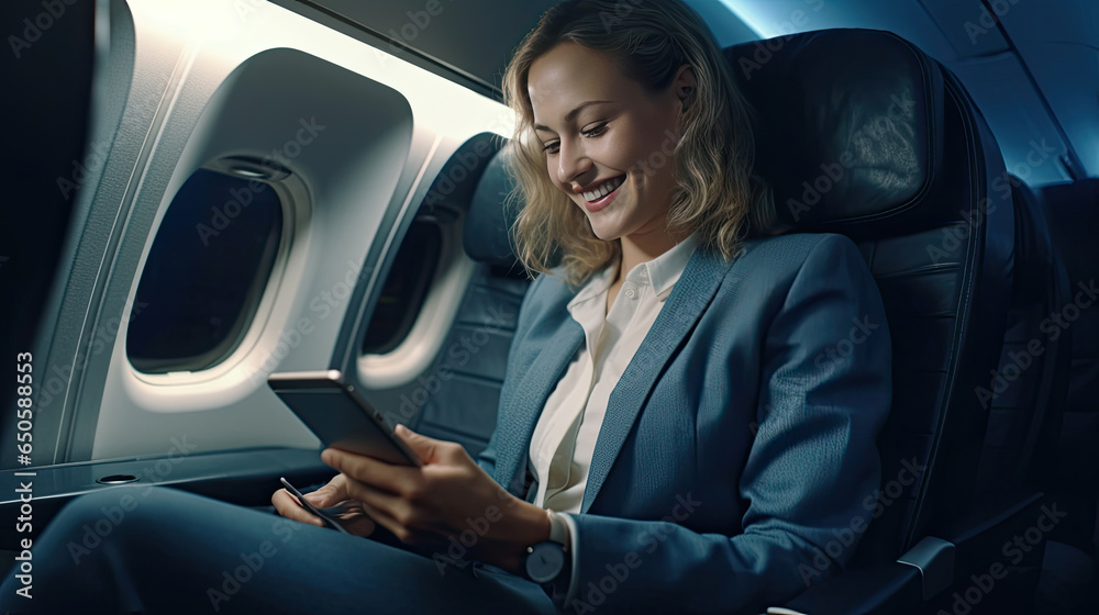 A Smiling female entrepreneur in suit using smartphone while sitting in an airplane. Online communication on airplanes. Generative Ai