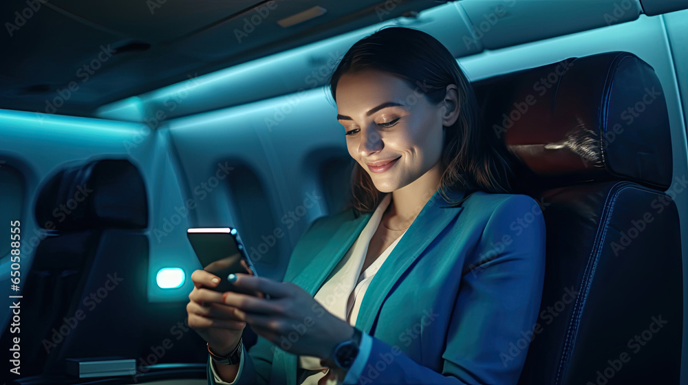 A Smiling female entrepreneur in suit using smartphone while sitting in an airplane. Online communication on airplanes. Generative Ai