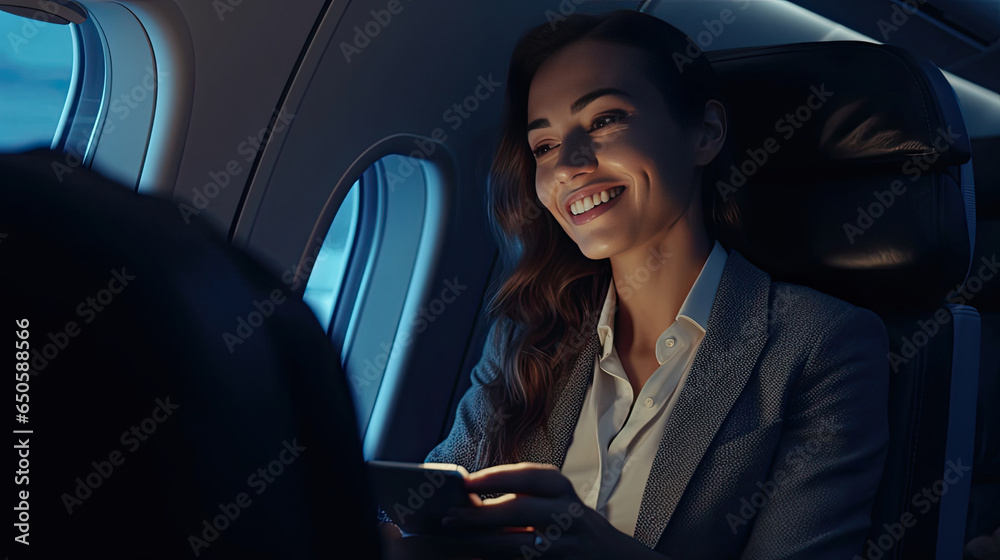 A Smiling female entrepreneur in suit using smartphone while sitting in an airplane. Online communication on airplanes. Generative Ai