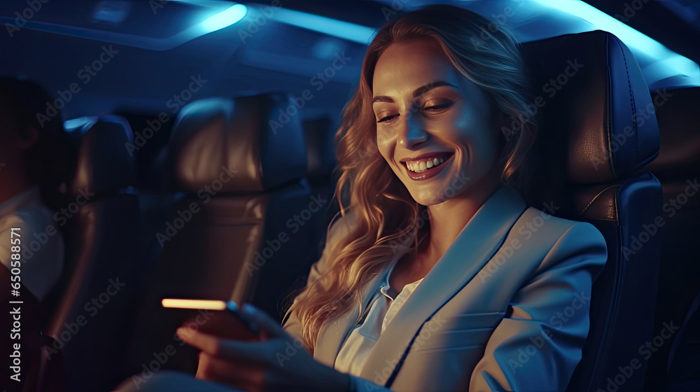 A Smiling female entrepreneur in suit using smartphone while sitting in an airplane. Online communication on airplanes. Generative Ai