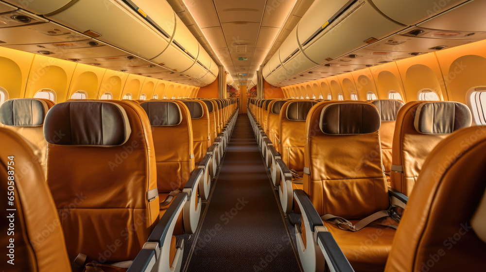 Empty aircraft seats. Interior of passenger plane. Generative Ai