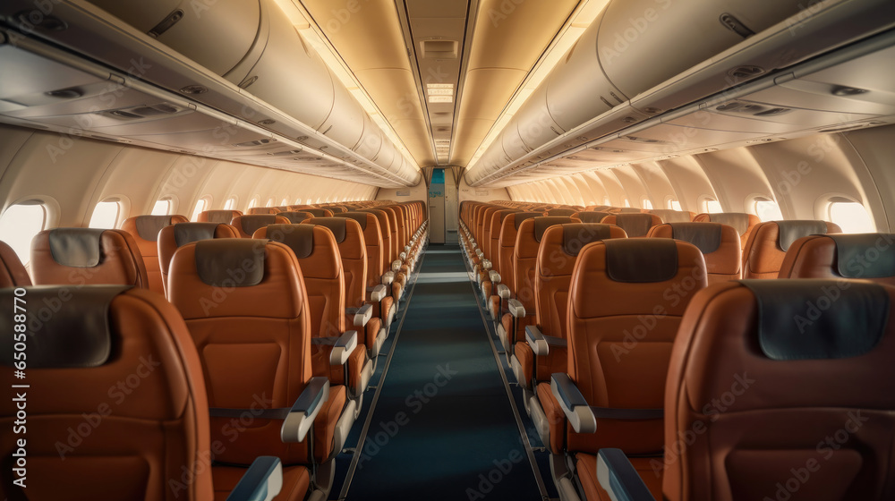 Empty aircraft seats. Interior of passenger plane. Generative Ai