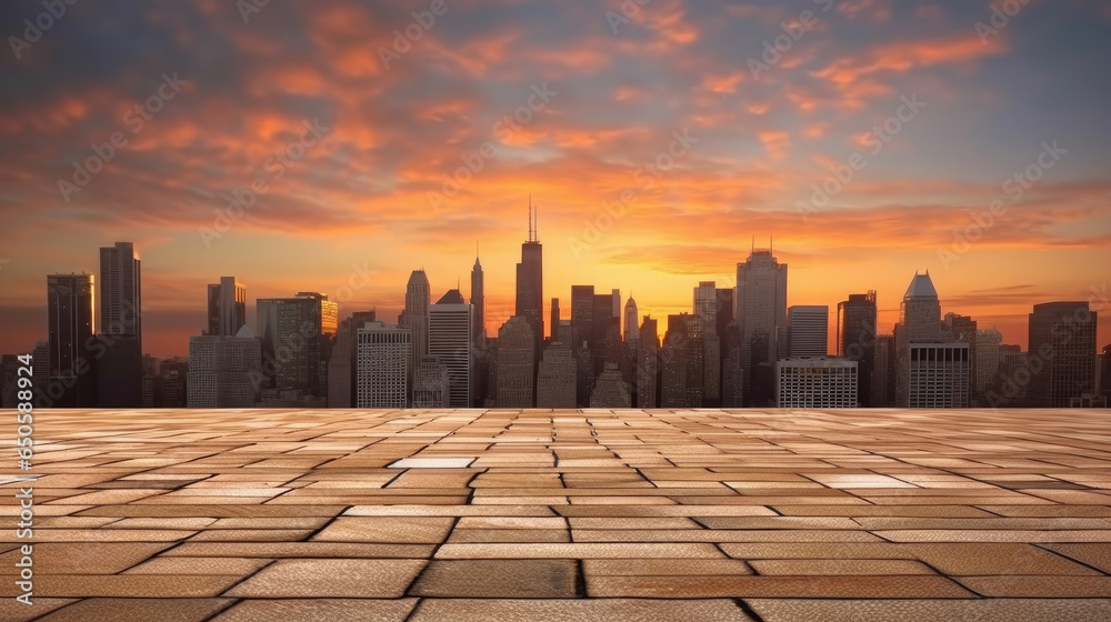 Empty brick floor with cityscape and skyline background. Generative Ai