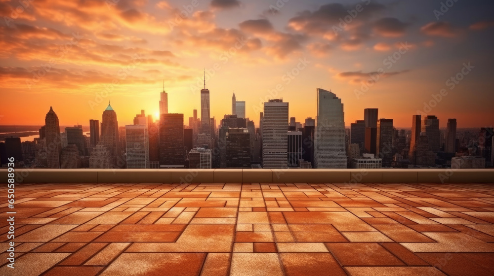 Empty brick floor with cityscape and skyline background. Generative Ai