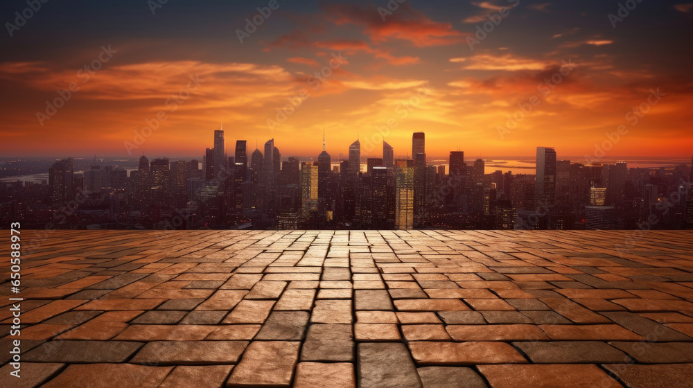 Empty brick floor with cityscape and skyline background. Generative Ai