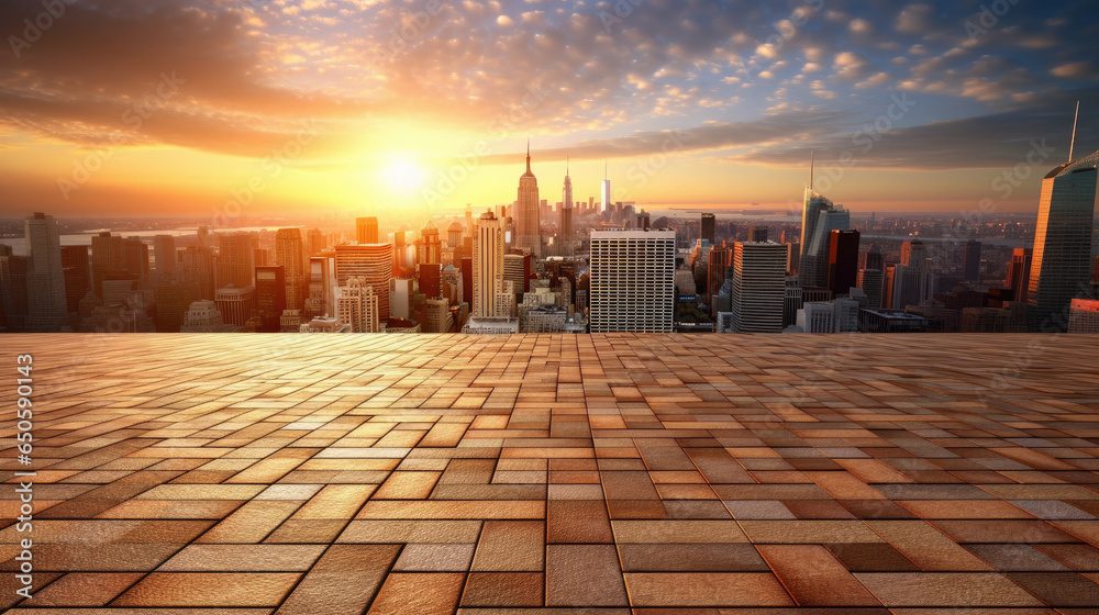 Empty brick floor with cityscape and skyline background. Generative Ai