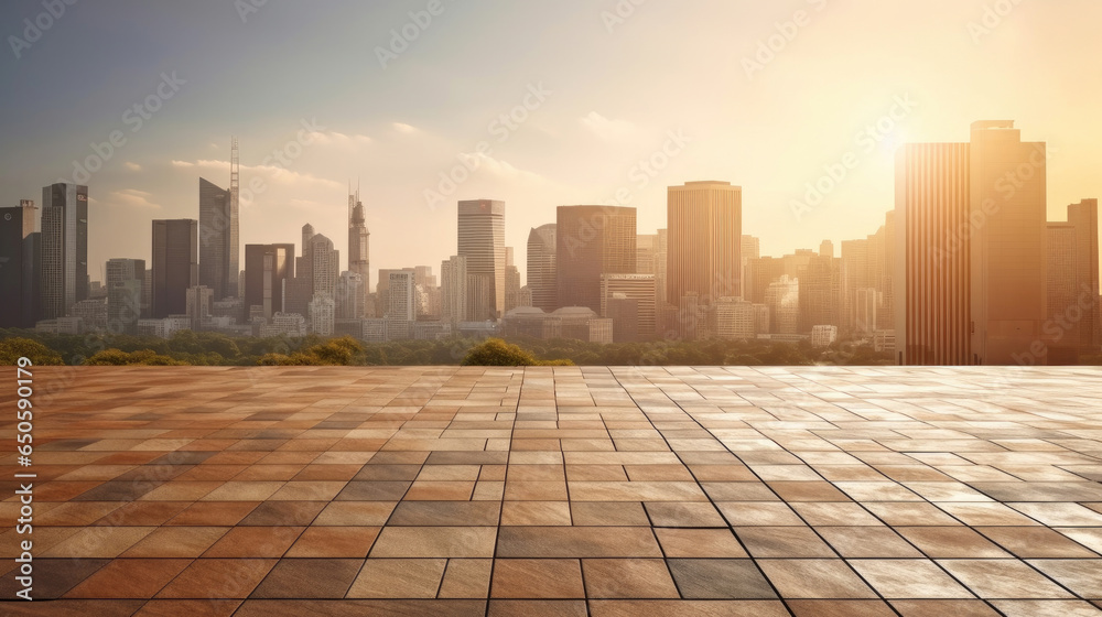 Empty brick floor with cityscape and skyline background. Generative Ai