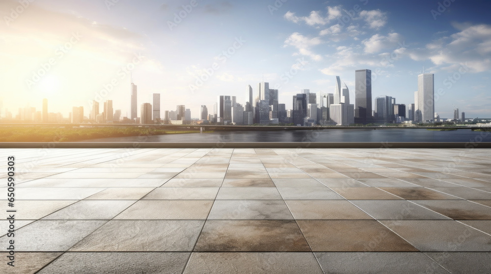 Empty cement floor with cityscape and skyline background. Generative Ai