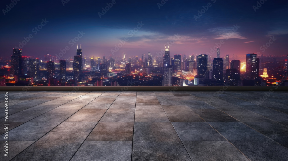 Empty cement floor with cityscape and skyline background. Generative Ai