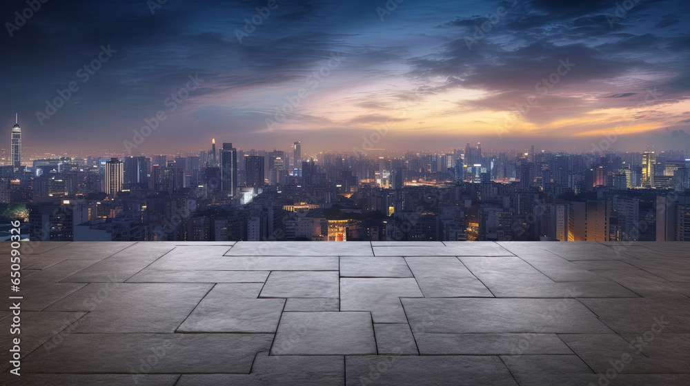 Empty cement floor with cityscape and skyline background. Generative Ai