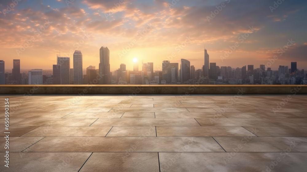 Empty cement floor with cityscape and skyline background. Generative Ai