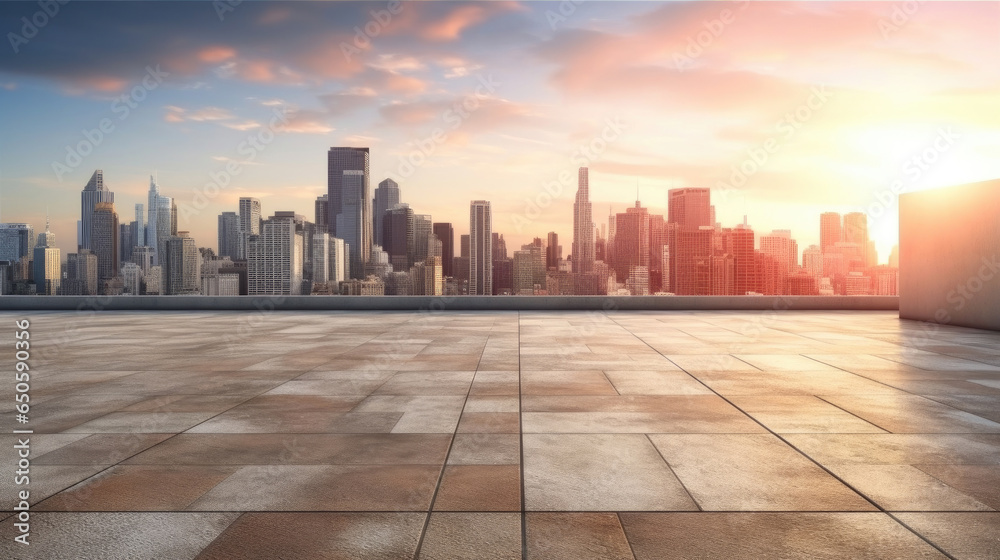 Empty cement floor with cityscape and skyline background. Generative Ai