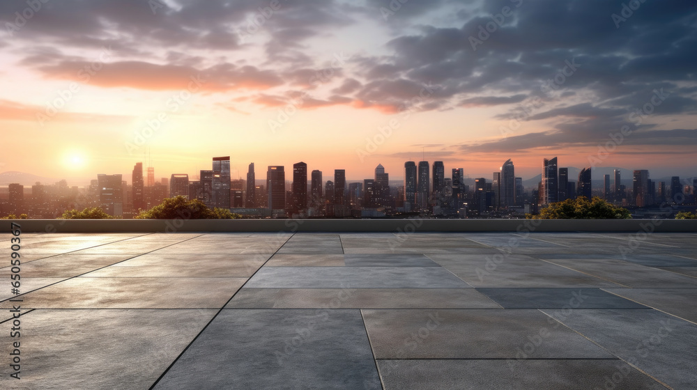 Empty cement floor with cityscape and skyline background. Generative Ai