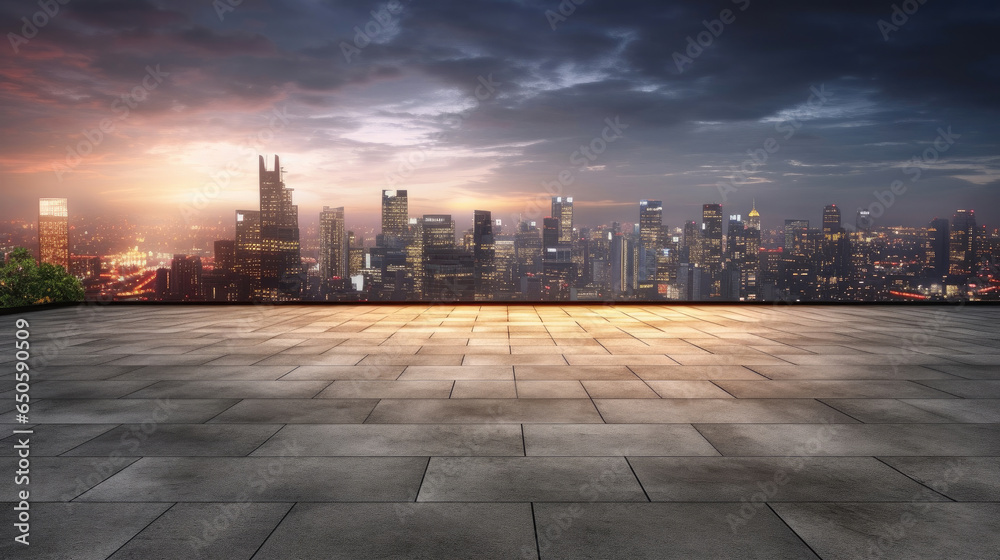 Empty cement floor with cityscape and skyline background. Generative Ai