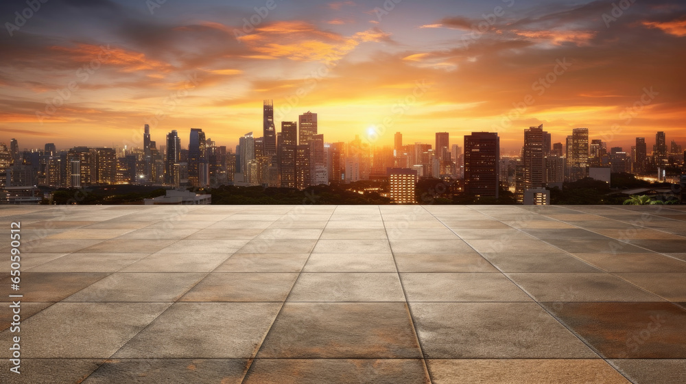 Empty cement floor with cityscape and skyline background. Generative Ai