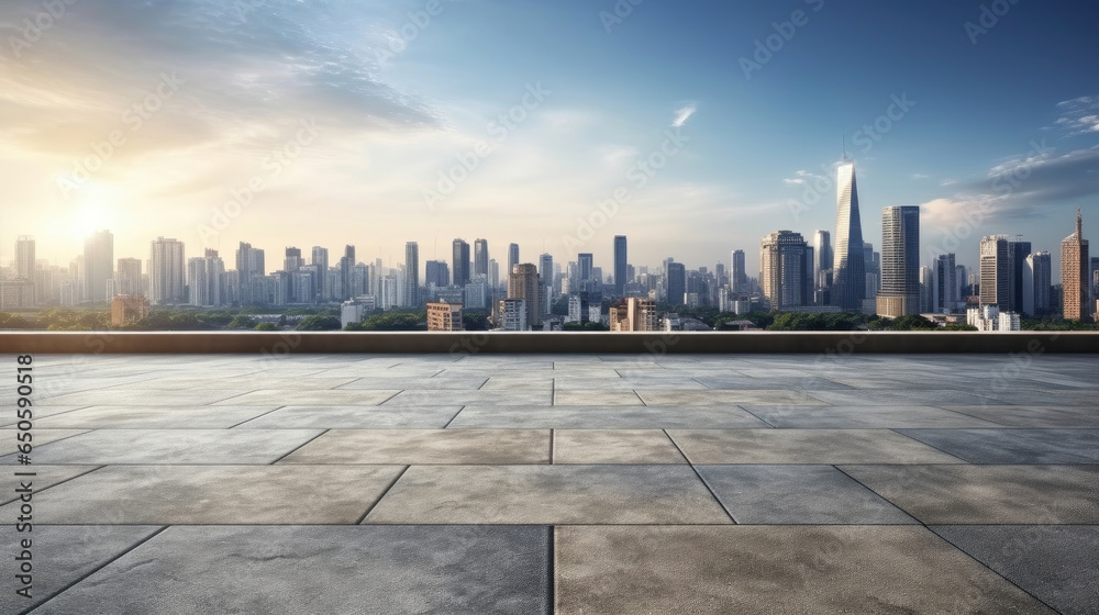 Empty cement floor with cityscape and skyline background. Generative Ai