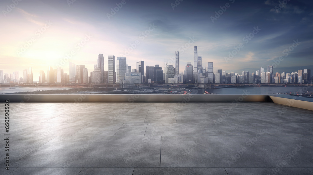 Empty cement floor with cityscape and skyline background. Generative Ai