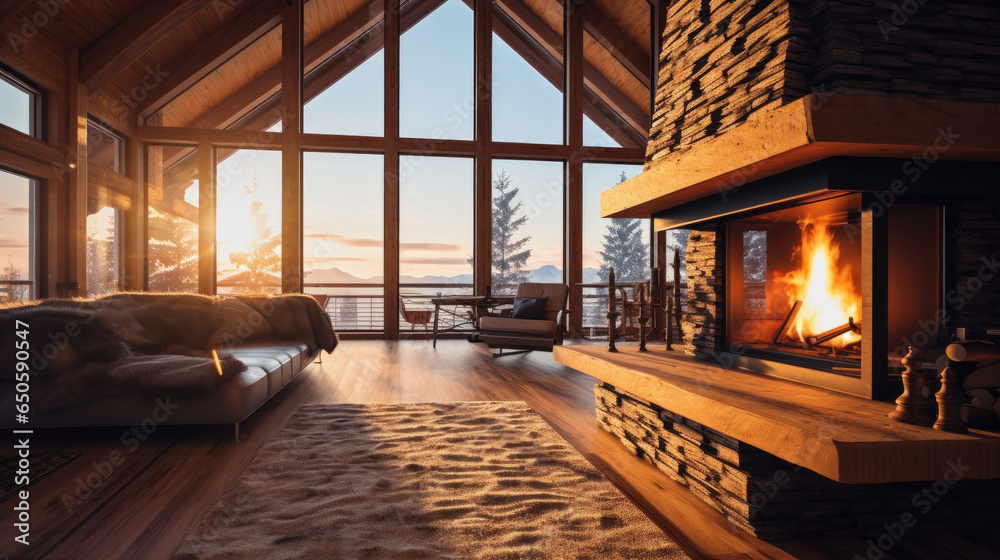 Empty of Cozy modern winter living room interior with a modern fireplace in a chalet. Generative Ai