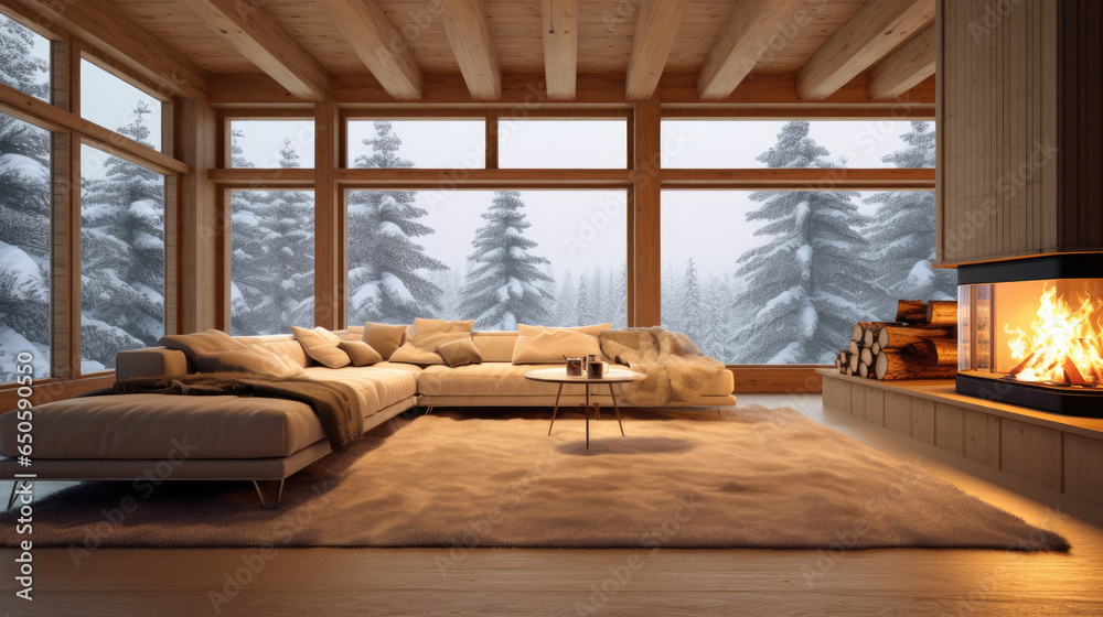 Empty of Cozy modern winter living room interior with a modern fireplace in a chalet. Generative Ai