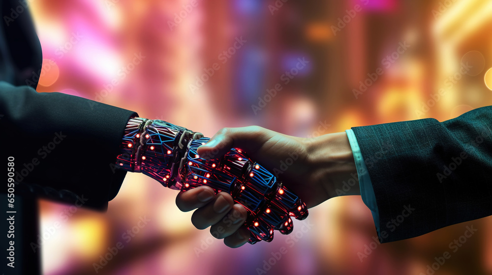 Business handshake of human and robot. Collaboration of artificial intelligence and man. Generative AI