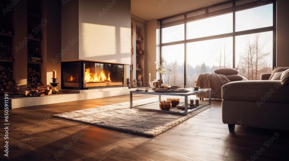 Empty of Cozy modern winter living room interior with a modern fireplace in a chalet. Generative Ai