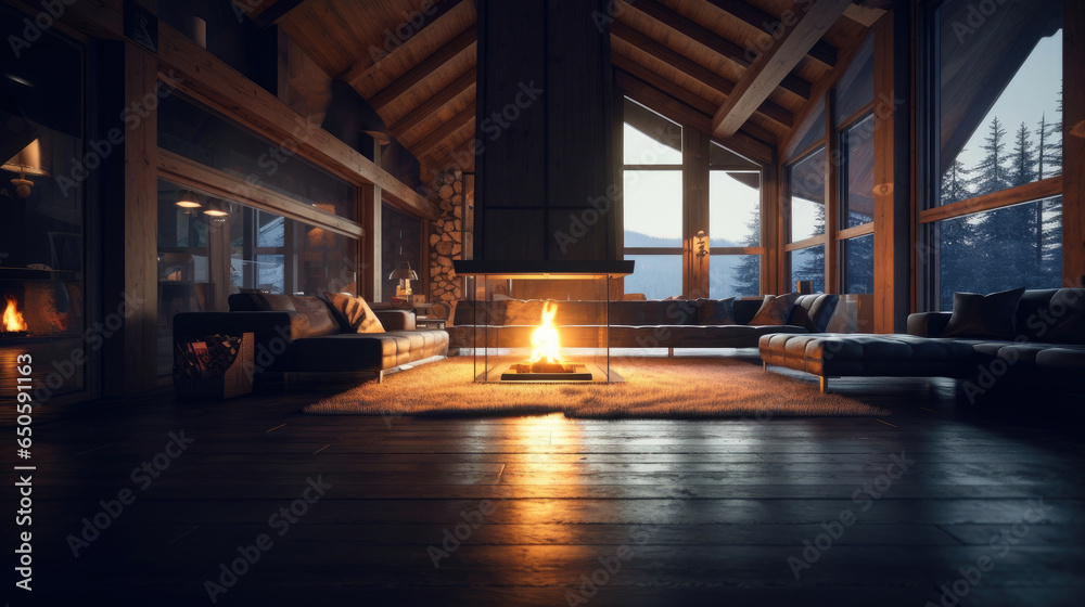 Empty of Cozy modern winter living room interior with a modern fireplace in a chalet. Generative Ai