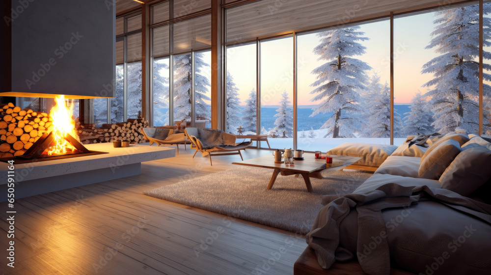 Empty of Cozy modern winter living room interior with a modern fireplace in a chalet. Generative Ai