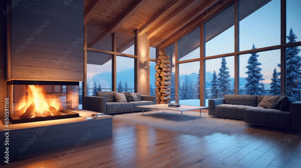 Empty of Cozy modern winter living room interior with a modern fireplace in a chalet. Generative Ai