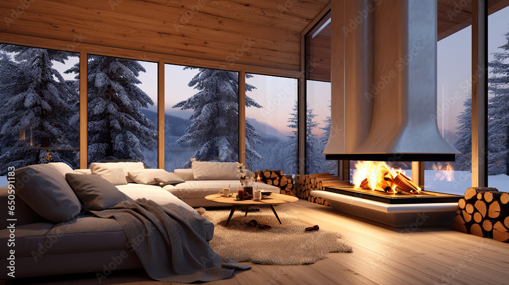 Empty of Cozy modern winter living room interior with a modern fireplace in a chalet. Generative Ai