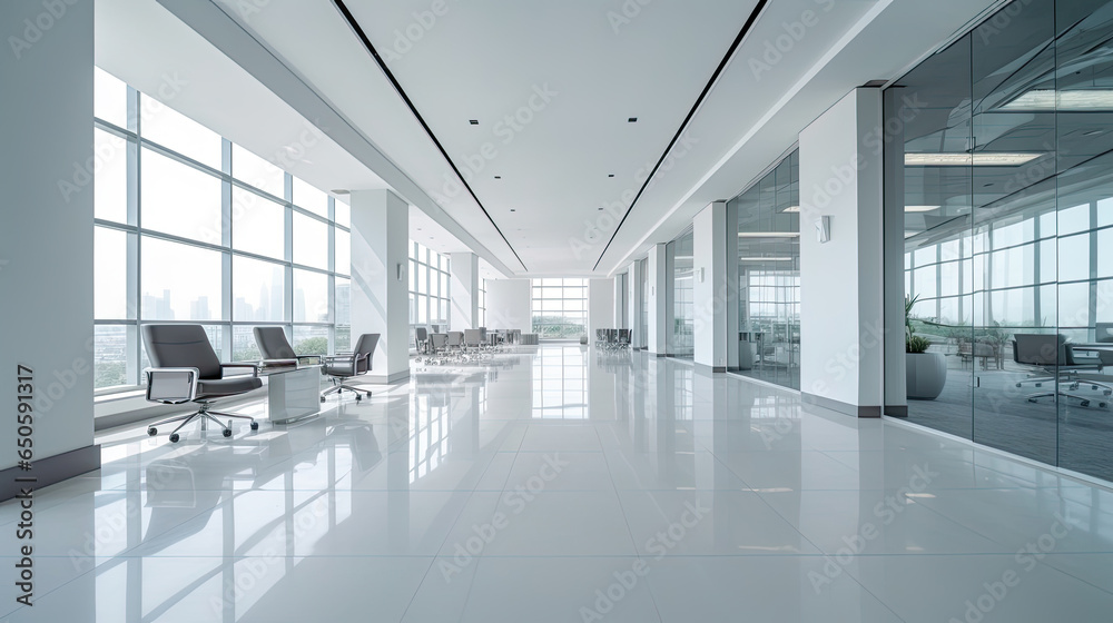 Empty office, Modern corporate open office in minimalist modern design in whites and greys. Generative Ai