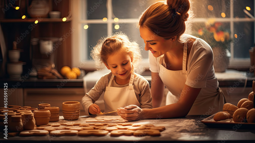 Merry Christmas and happy holidays. Mother and daughter are preparing Christmas cookies at the kitchen. Generative Ai