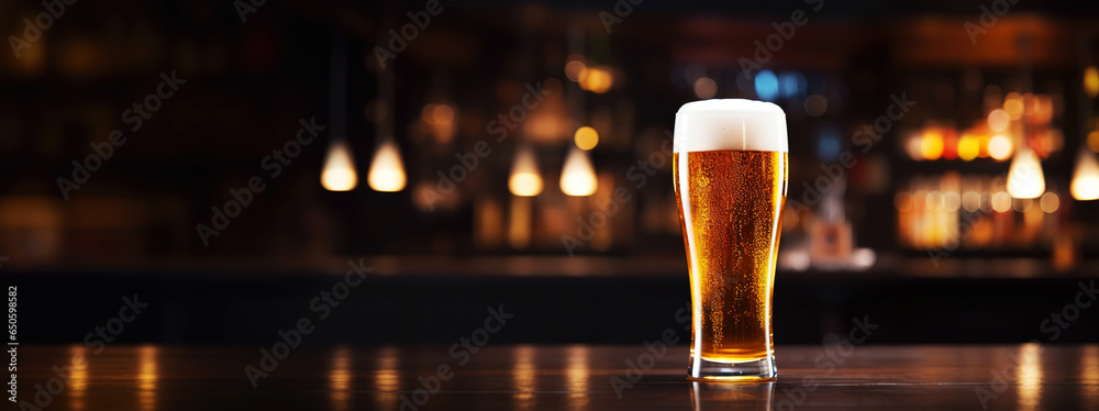 Pilsner glass of light beer on bar table in a dark pub with copy space. Generative AI