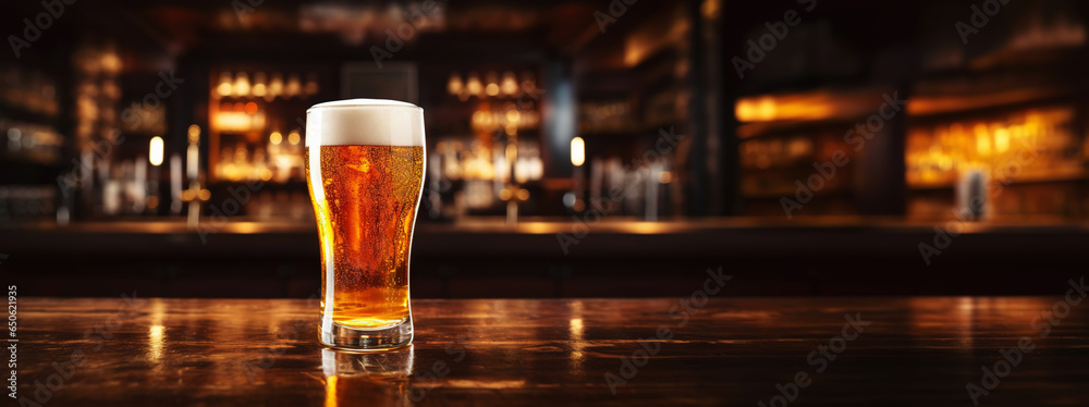 Pilsner glass of light beer on bar table in a dark pub with copy space. Generative AI