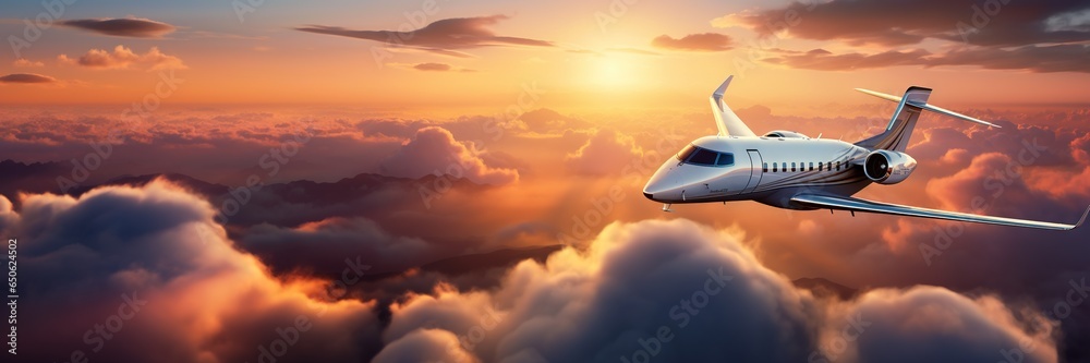 Luxury private jet flying above the clouds, beautiful sunset on background. Travel and airplane concept. Generative AI