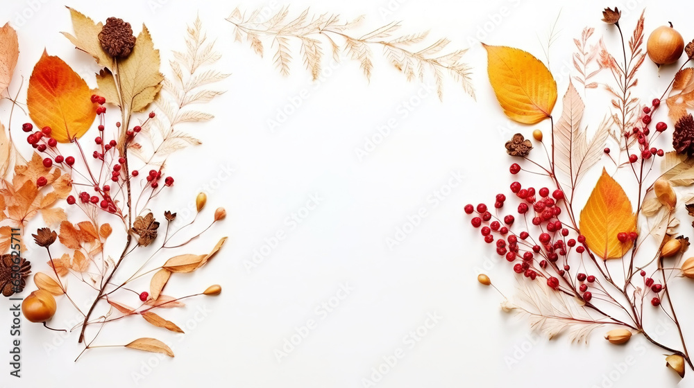 Autumn creative frame composition with dried leaves, chestnuts, red berries and cones on white background. Generative AI