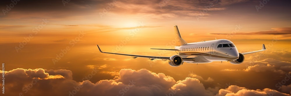 Luxury private jet flying above the clouds, beautiful sunset on background. Travel and airplane concept. Generative AI