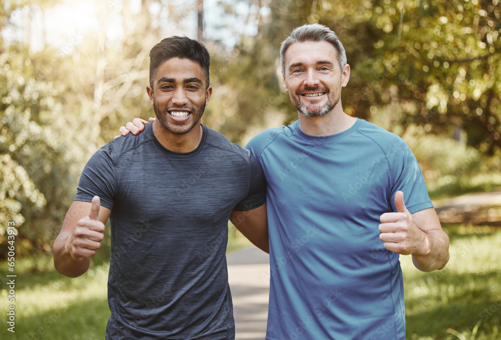 Happy man, portrait and friends in nature with thumbs up for fitness, training or workout together. Male person, athlete or runners smile and like emoji, yes sign or OK in success or outdoor exercise