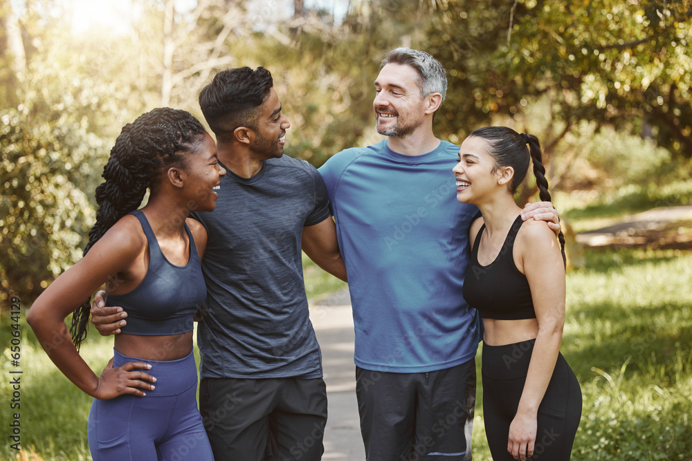 Fitness club, team and people in nature park, athlete group with support for sports and health. Exercise friends, diversity and healthy with challenge, training together with workout and trust