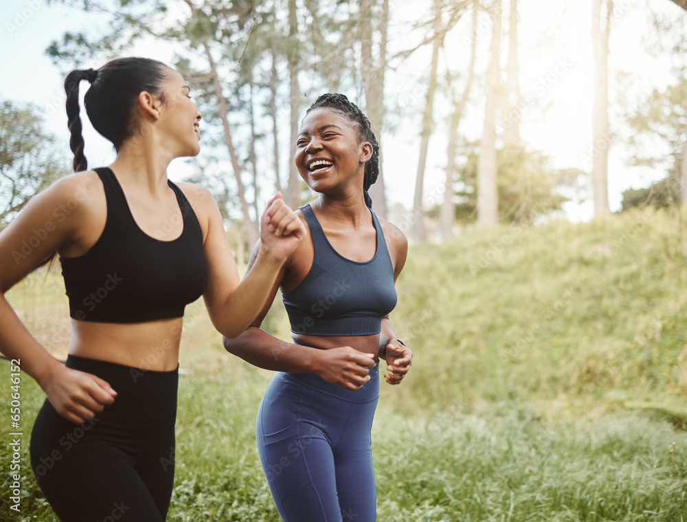 Running team, fitness and women in park with cardio, athlete and support for sports and health. Exercise friends, diversity and runner club, happy with training for race outdoor and workout in nature