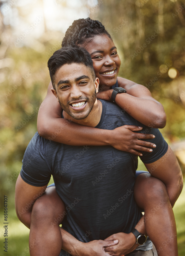 Fitness, piggy back and portrait of couple outdoors for exercise, training and running for cardio workout. Dating, happy and interracial man carrying woman for wellness, healthy body and sports